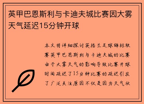 英甲巴恩斯利与卡迪夫城比赛因大雾天气延迟15分钟开球